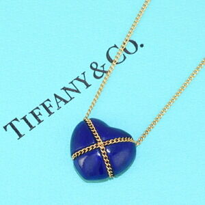 Tiffany Chain Cross Heart Pendant Necklace Yellow Gold Lapis Lazuli CO